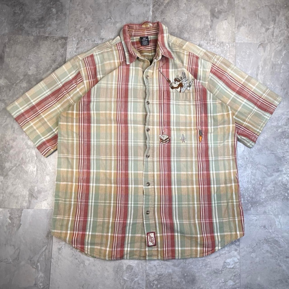 Vintage Tan Looney Tunes Warner Bros Taz Plaid Button Up Shirt Large